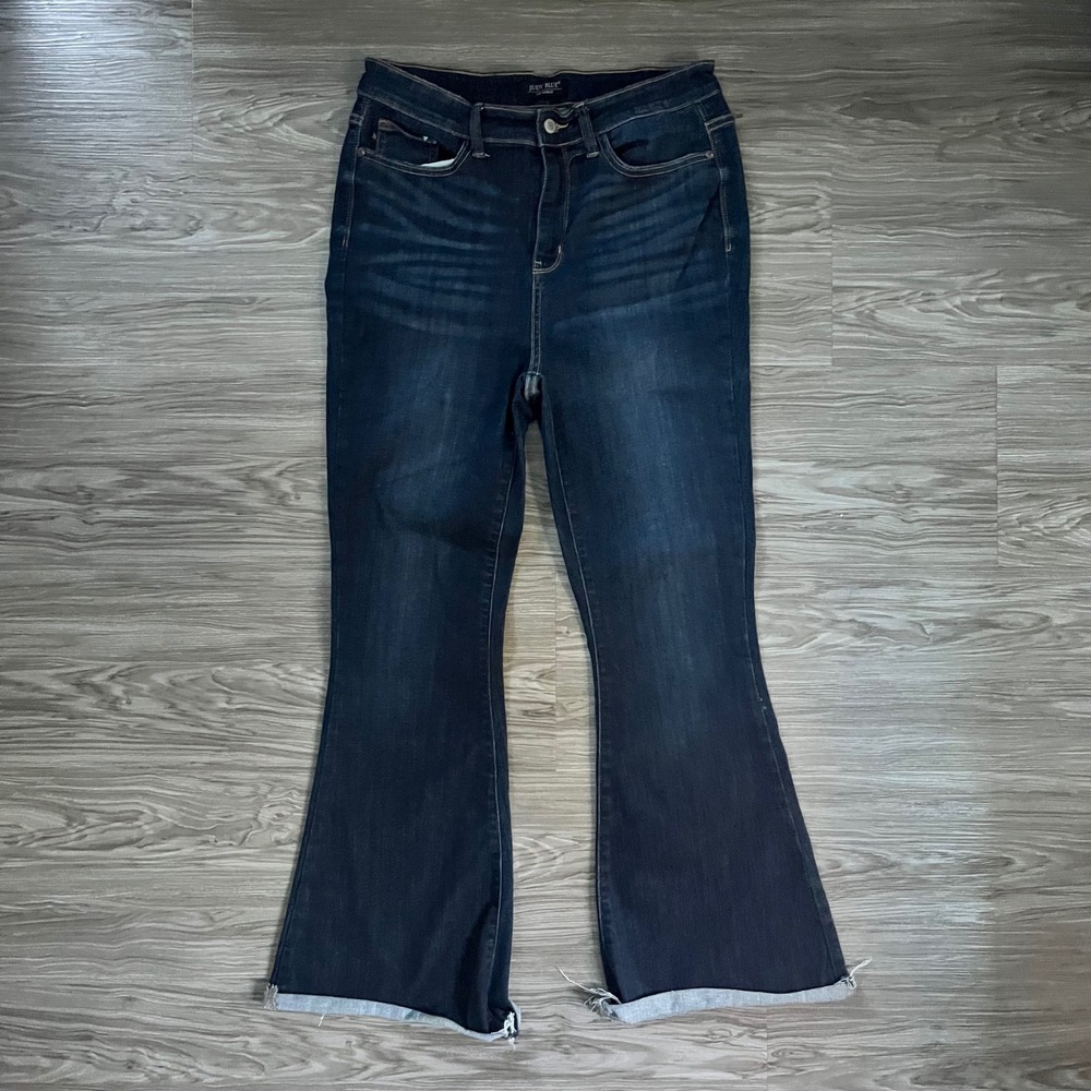 Judy Blue High Waist Flare Jeans Dark Wash Raw Hem JB82343DK Womens 13/31